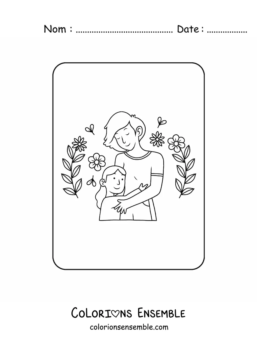 Coloriage d'une fillette kawaii qui serre sa maman dans ses bras pour la fête des mères