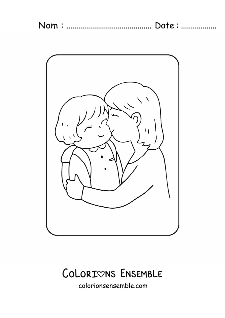 Coloriage d'une maman qui embrasse sa fille avant l'école