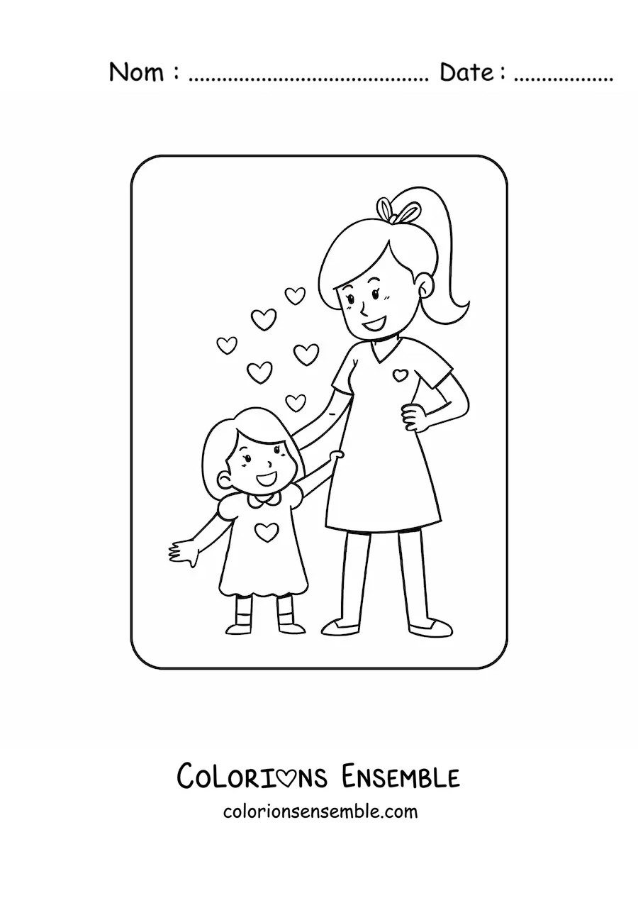 Coloriage d'une fillette kawaii avec sa maman entourées de cœurs