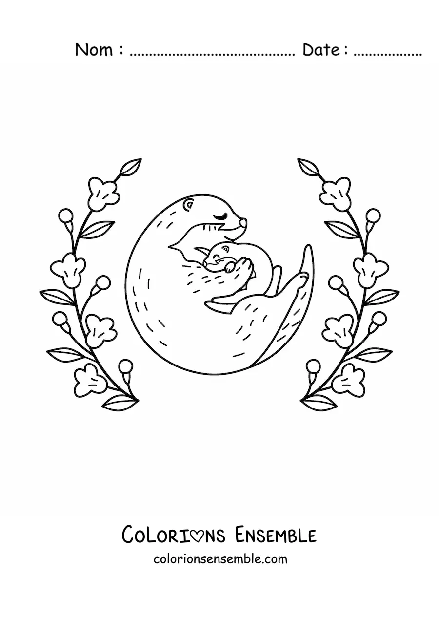 Coloriage d'une maman loutre avec son petit