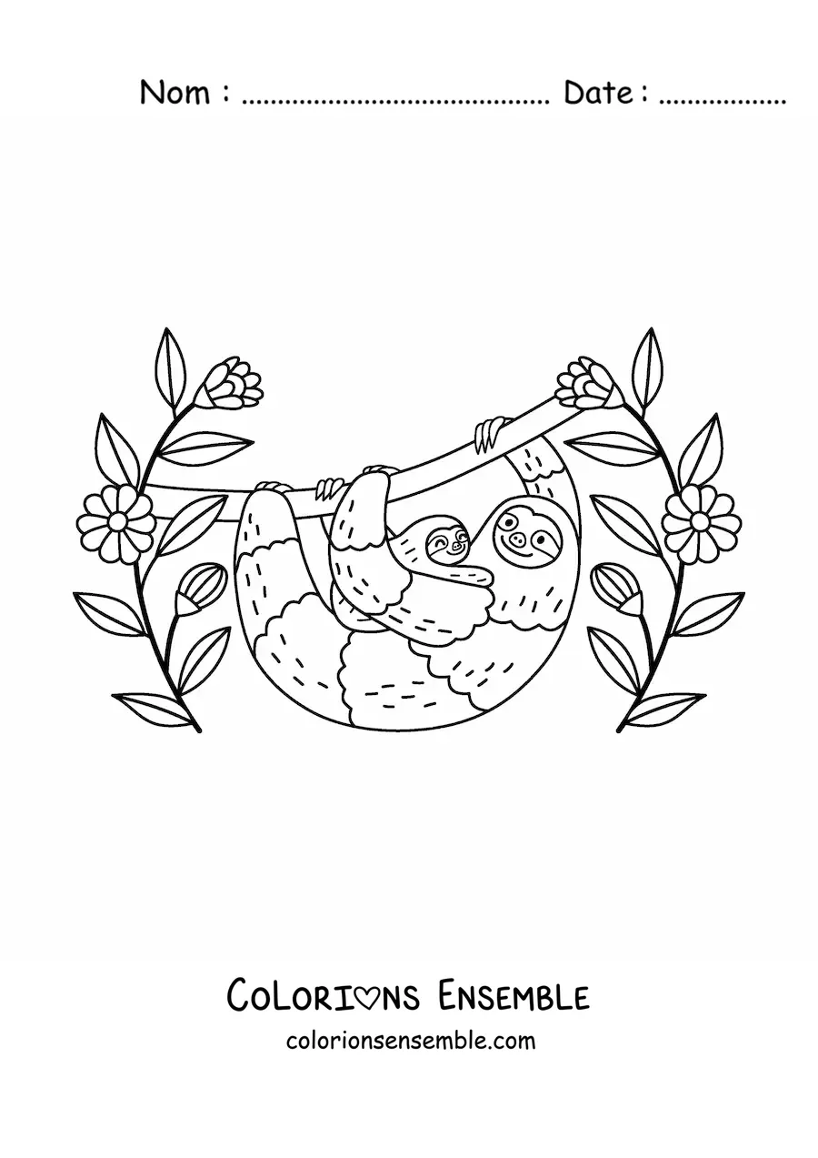 Coloriage d'une maman paresseux avec son petit