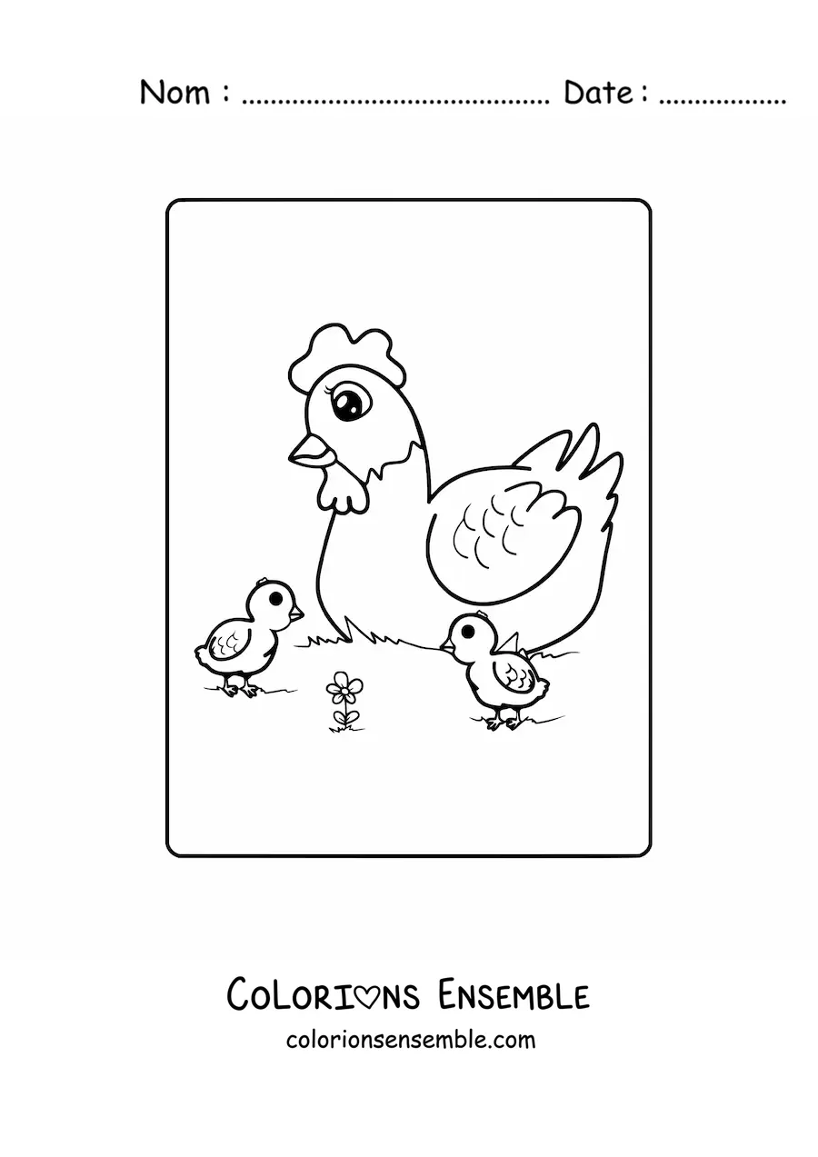 Coloriage d'une maman poule avec ses poussins