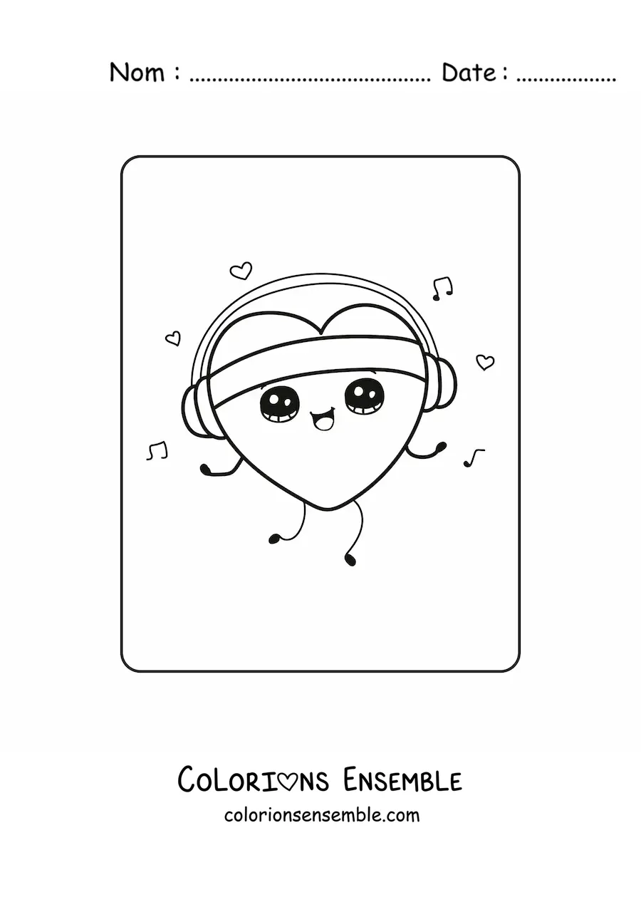 Coloriage d'un cœur kawaii qui écoute de la musique