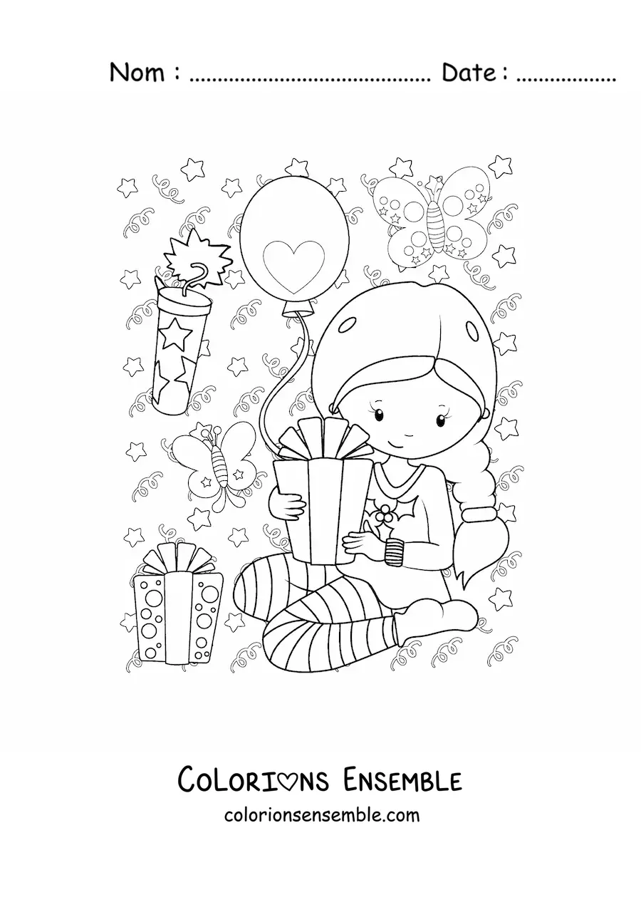 Coloriage d'une fillette avec un cadeau du Nouvel An