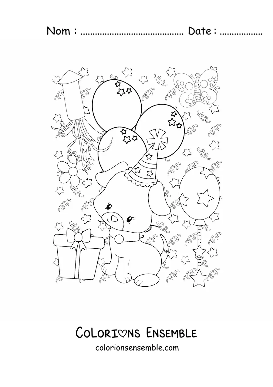 Coloriage d'un chien avec des ballons du Nouvel An