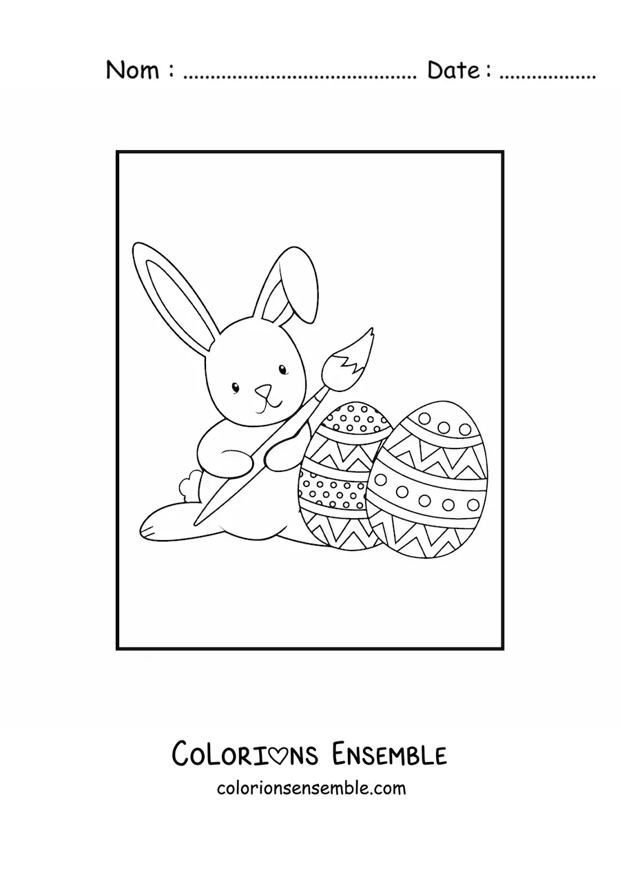 Coloriage d'un lapin kawaii avec des œufs de Pâques et un pinceau