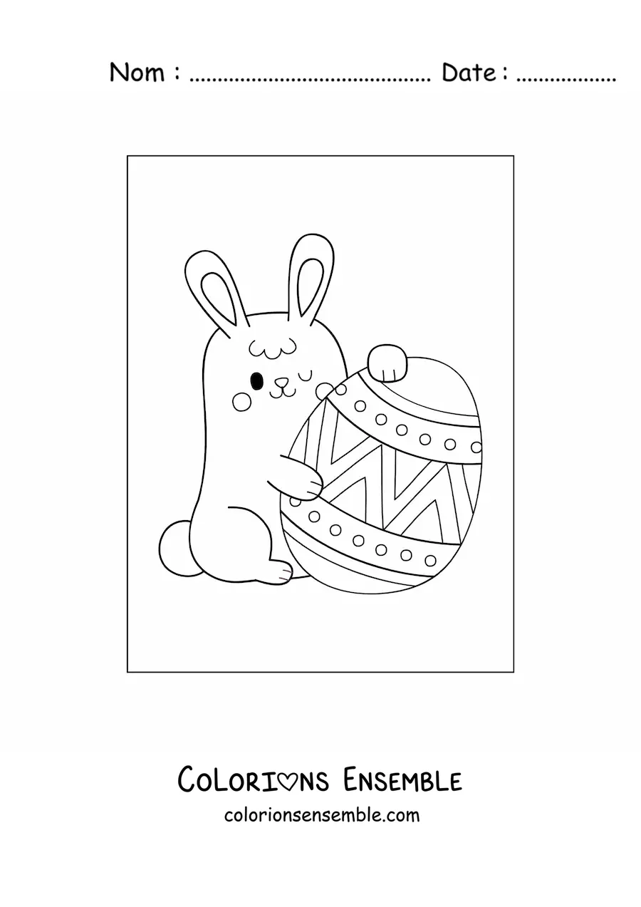 Image à colorier d'un lapin kawaii avec un œuf de Pâques géant