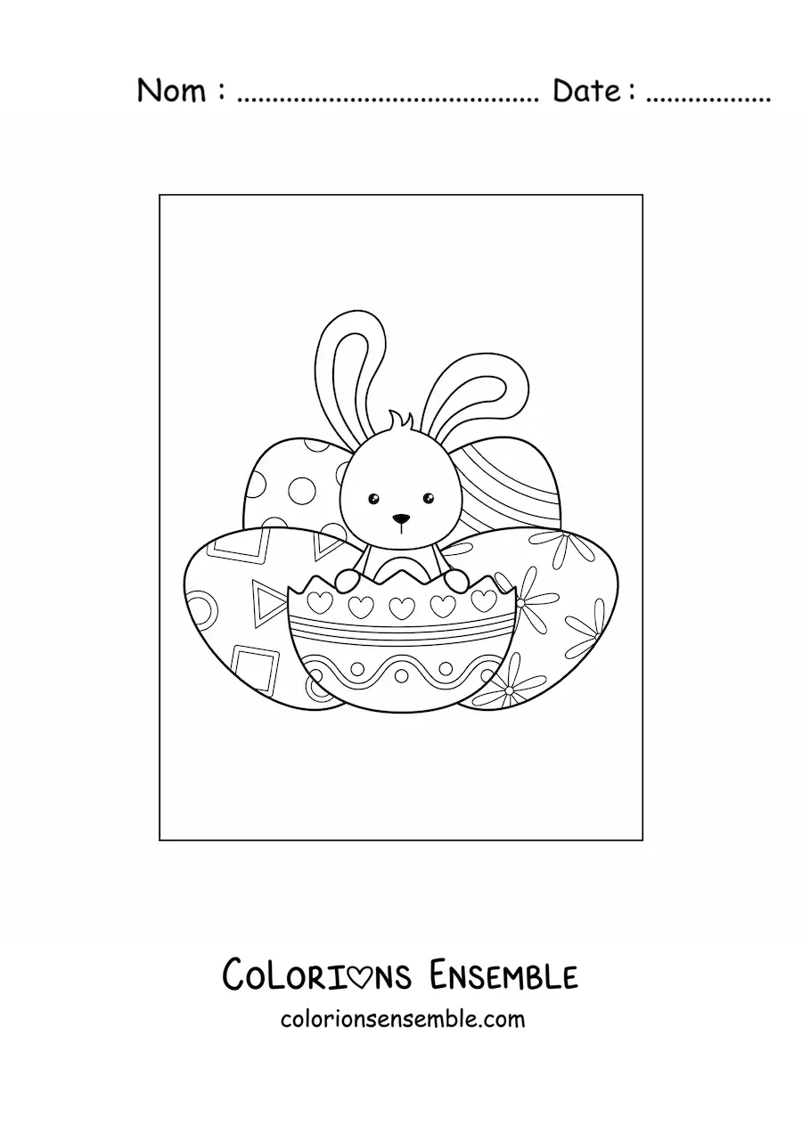 Image à colorier d'un lapin kawaii avec des œufs de Pâques