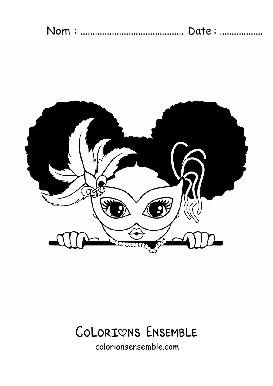 Image à colorier d'une fillette kawaii avec un masque de carnaval