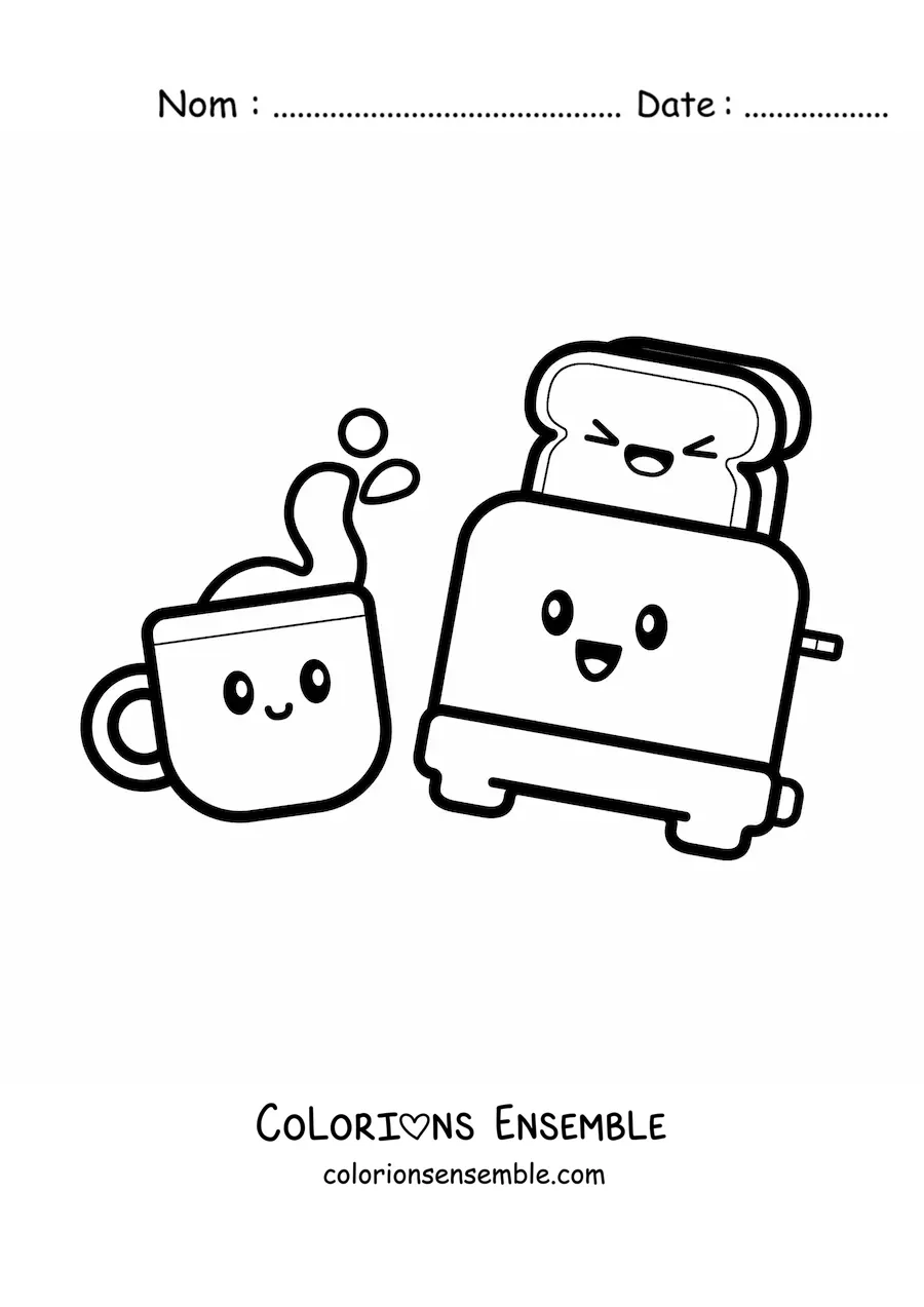 Image à colorier d'un petit déjeuner kawaii avec un café et une tartine