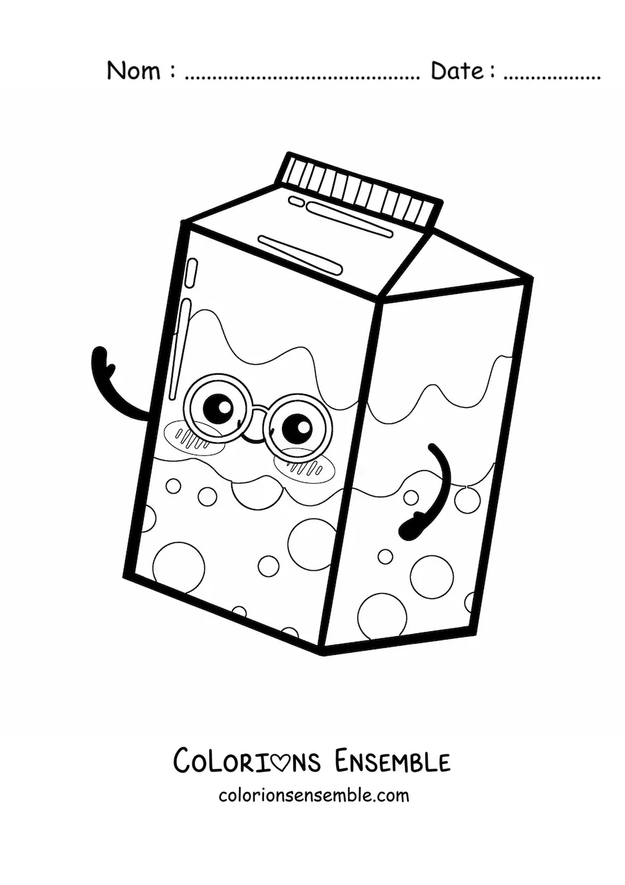 Image à colorier d'une brique de lait kawaii avec des lunettes