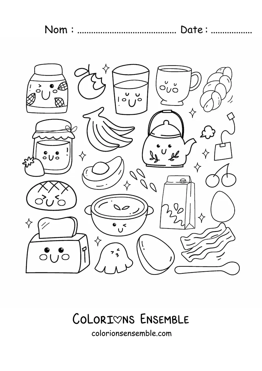 Image à colorier de mignons aliments du petit déjeuner kawaii