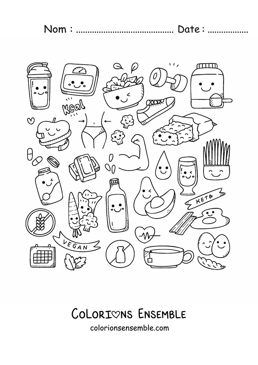 Image à colorier de mignons aliments sains kawaii