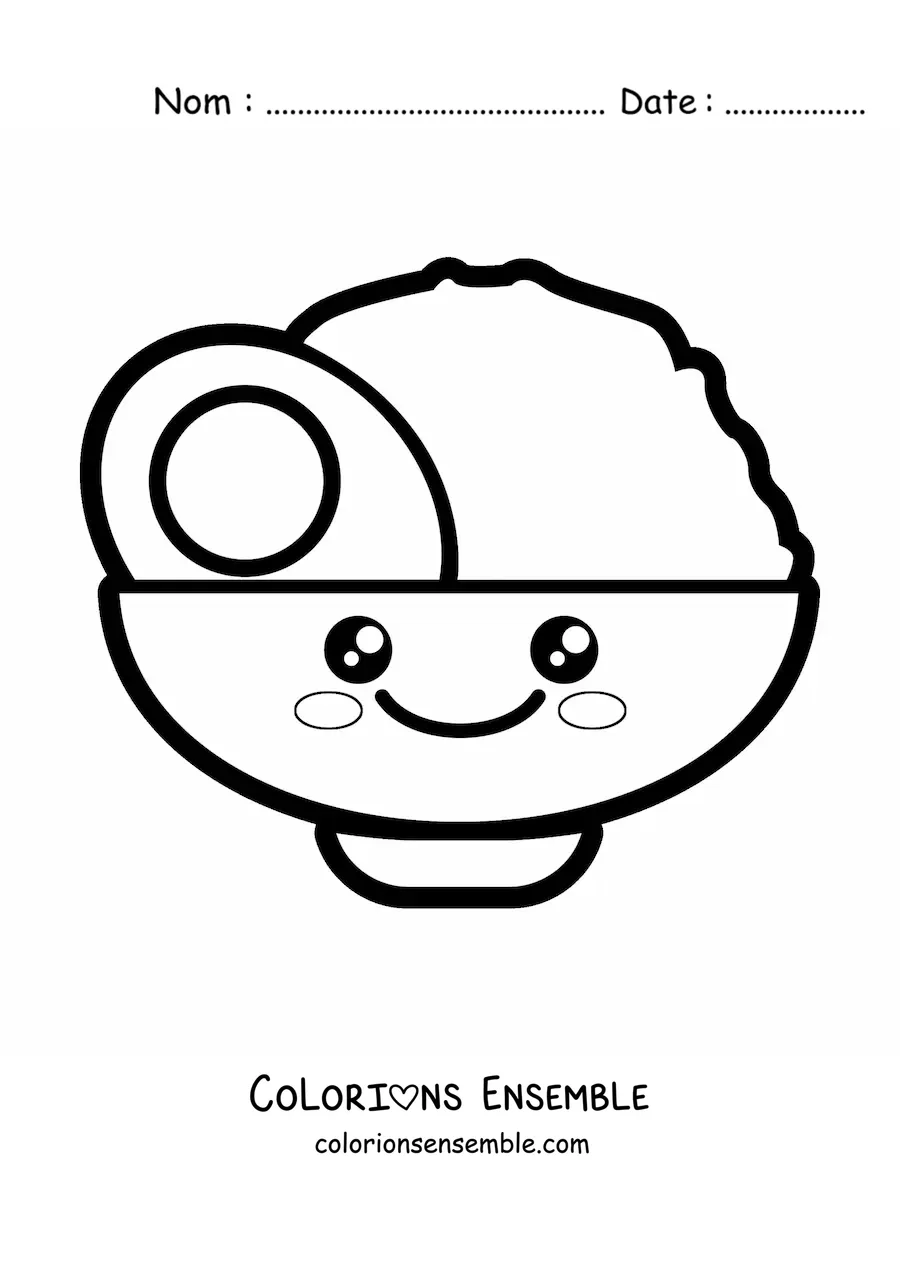 Image à colorier facile d'une mignonne assiette de riz avec un œuf kawaii