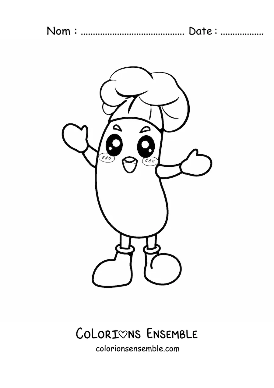 Image à colorier d'une mignonne saucisse kawaii avec une toque de chef
