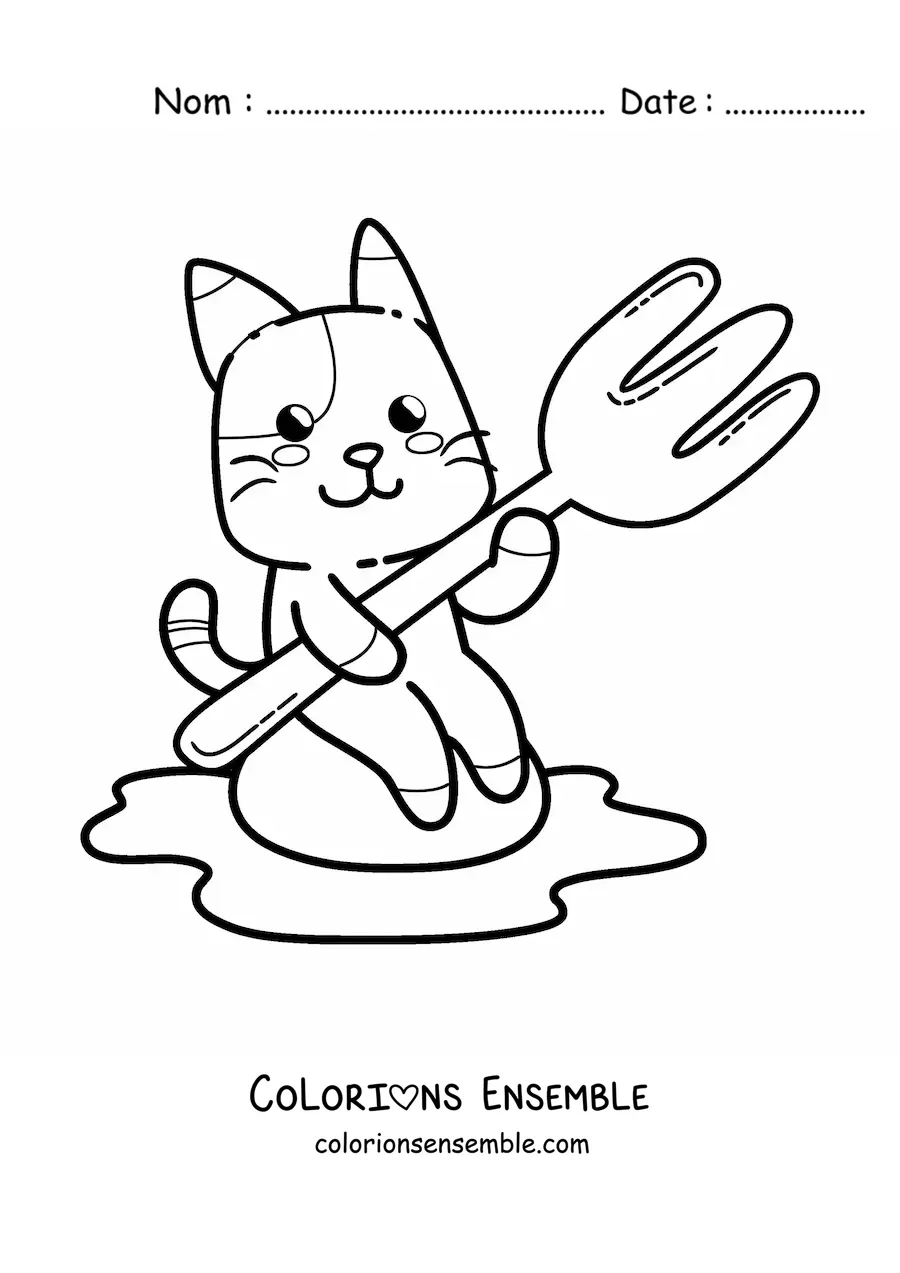 Image à colorier d'un chat de dessin animé avec une fourchette et un œuf au plat