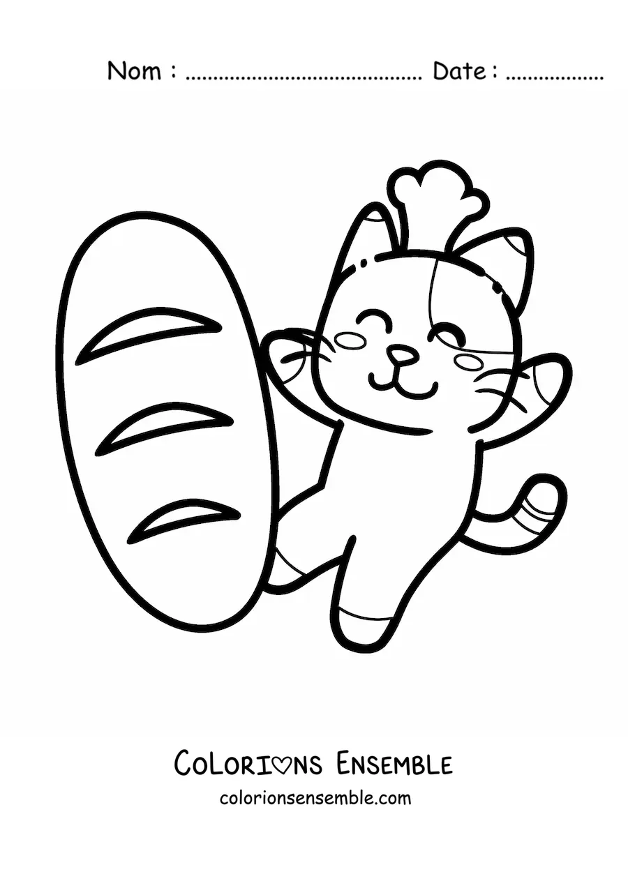 Image à colorier d'un mignon chat kawaii de dessin animé avec du pain de blé