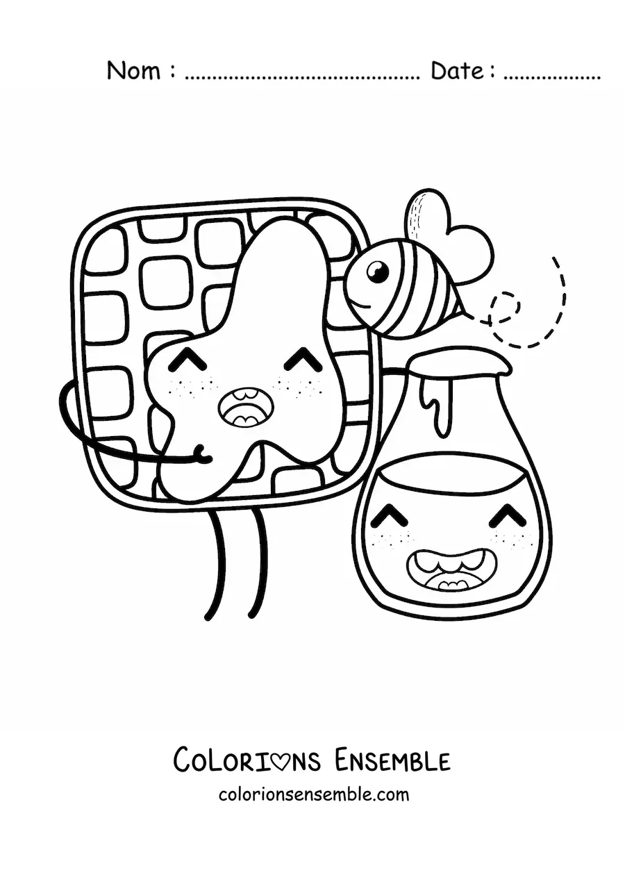 Image à colorier d'une mignonne gaufre kawaii de dessin animé avec un pot de miel et une abeille