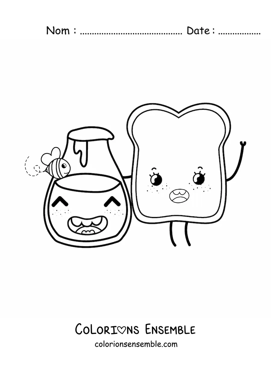 Image à colorier d'une mignonne tartine kawaii de dessin animé avec un pot de miel et une abeille