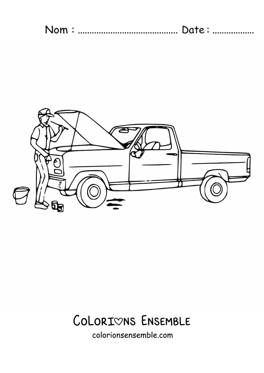 Image à colorier d’un mécanicien réparant un pick-up avec le capot ouvert