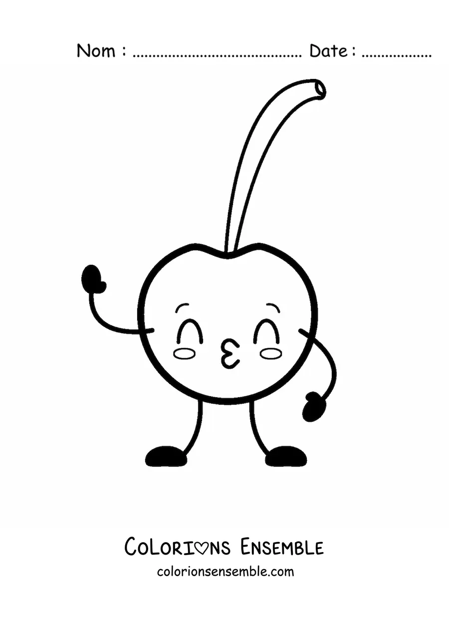 Image à colorier d'une cerise animée qui envoie des bisous