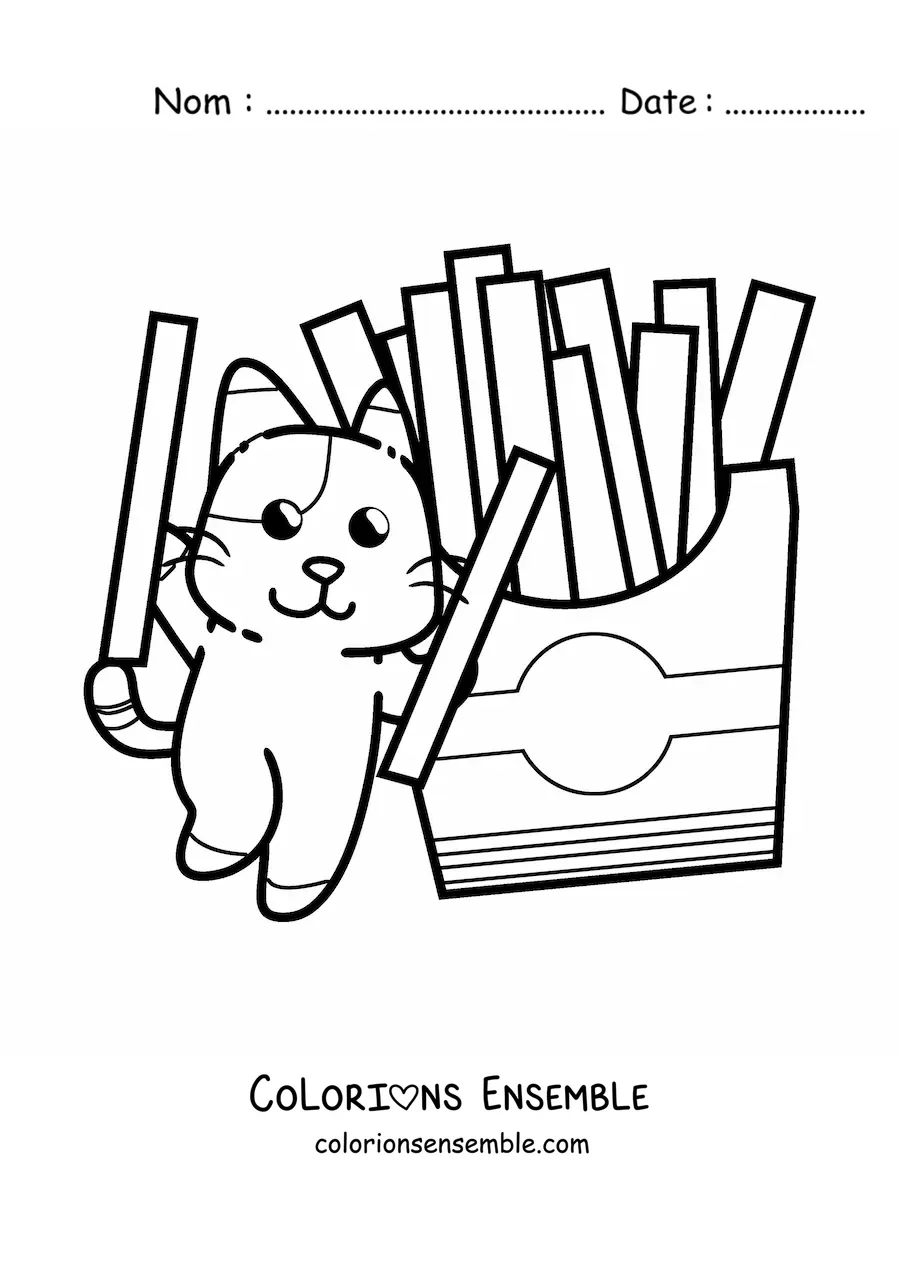 Image à colorier d'un chat de dessin animé avec des frites