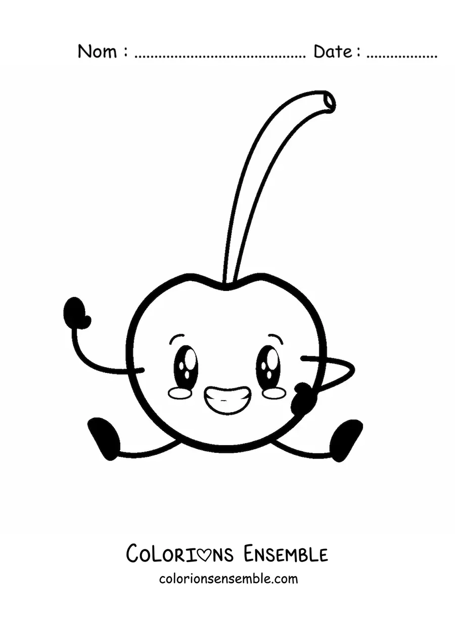 Image à colorier d'une cerise animée assise et souriante