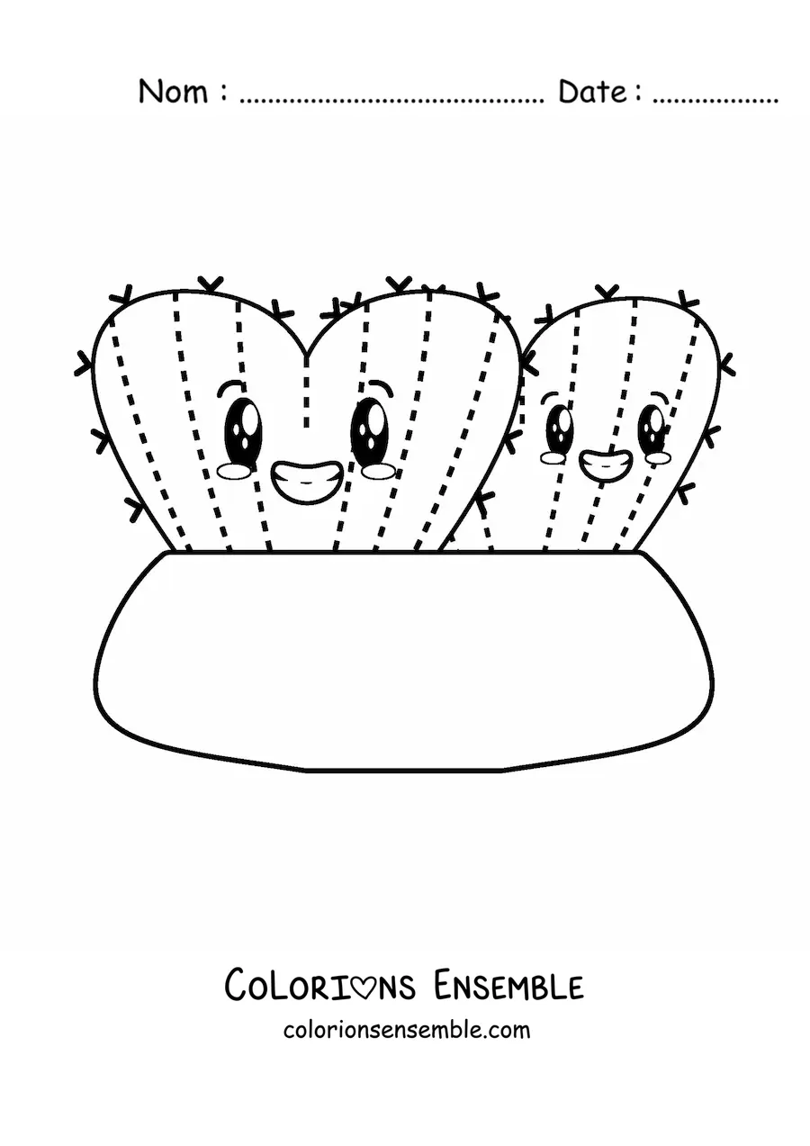 Image à colorier de mignons cactus en forme de cœur dans un pot