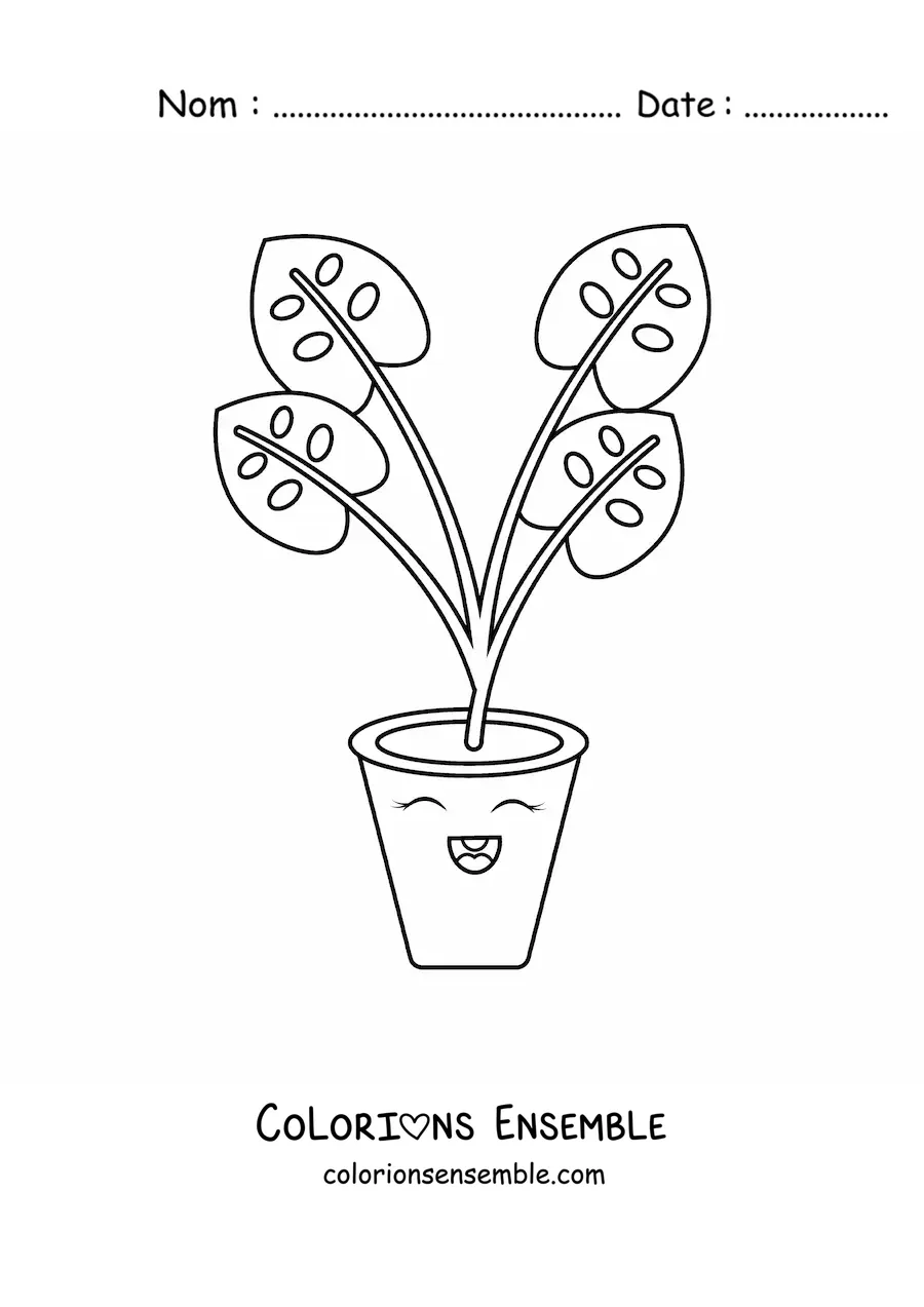 Image à colorier d'une mignonne plante à grandes feuilles dans un pot, style kawaii de dessin animé