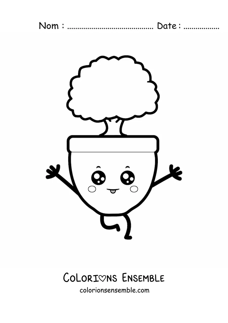 Image à colorier facile d'un petit arbre kawaii dans un pot
