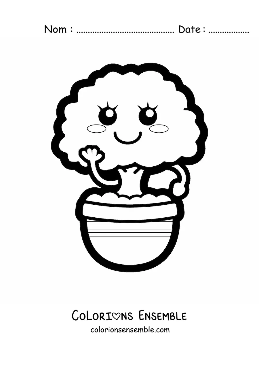 Image à colorier facile d'un bonsaï kawaii dans un pot