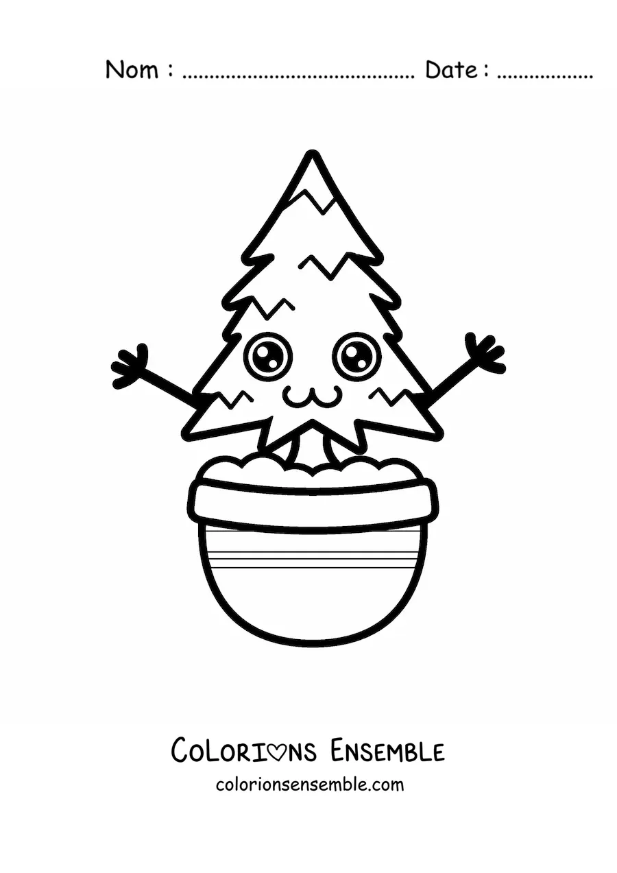 Image à colorier facile d'un mignon pin kawaii de dessin animé dans un pot