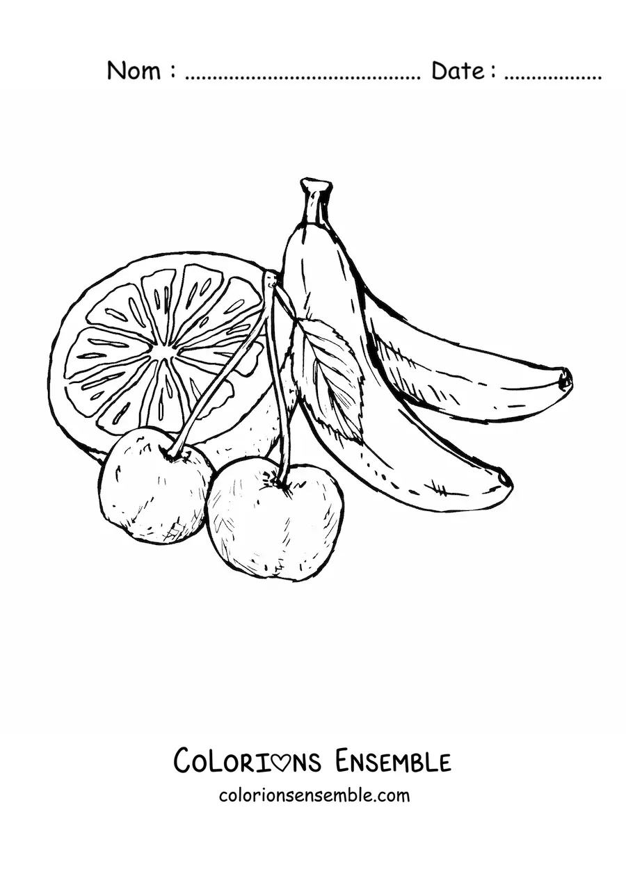 Image à colorier de deux cerises avec une orange et des bananes derrière