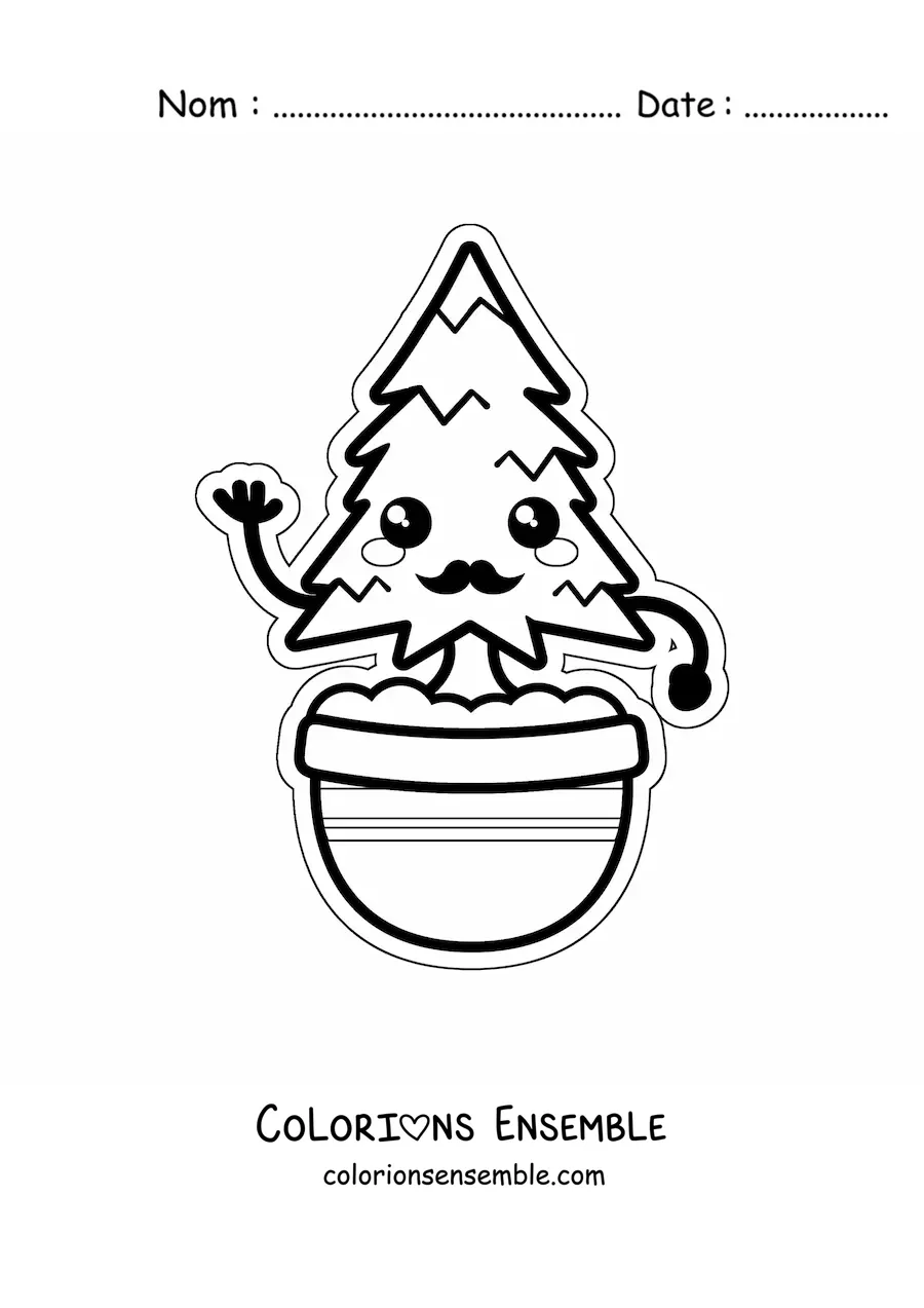 Coloriage d'un pin kawaii à moustache dans un pot