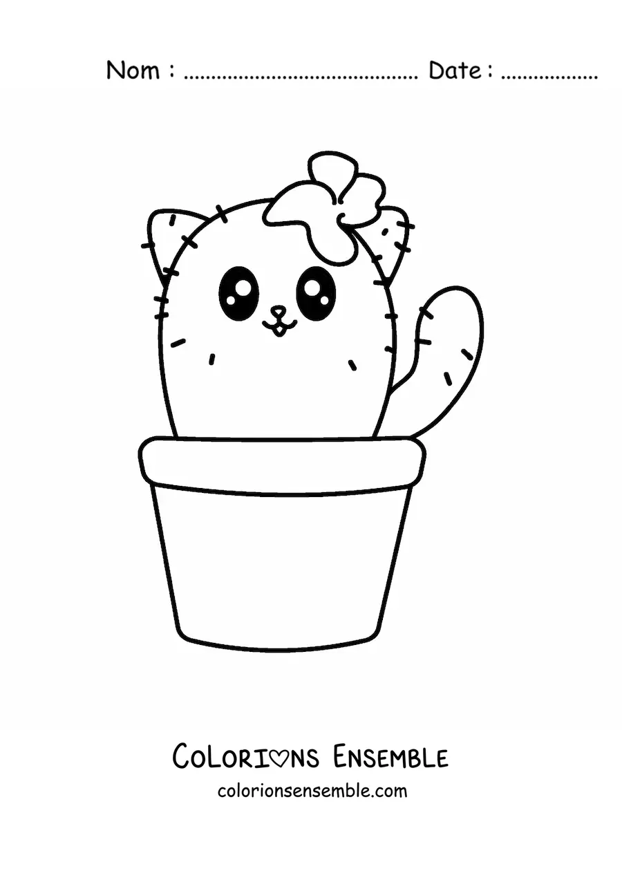 Coloriage d'un cactus kawaii en forme de chat