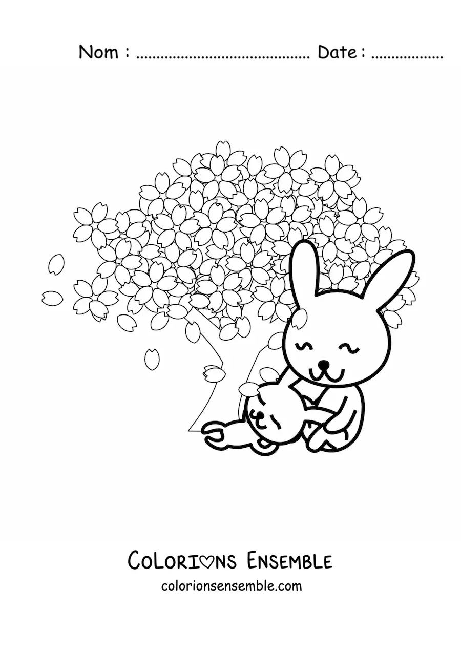 Coloriage de lapins près d'un cerisier en fleurs