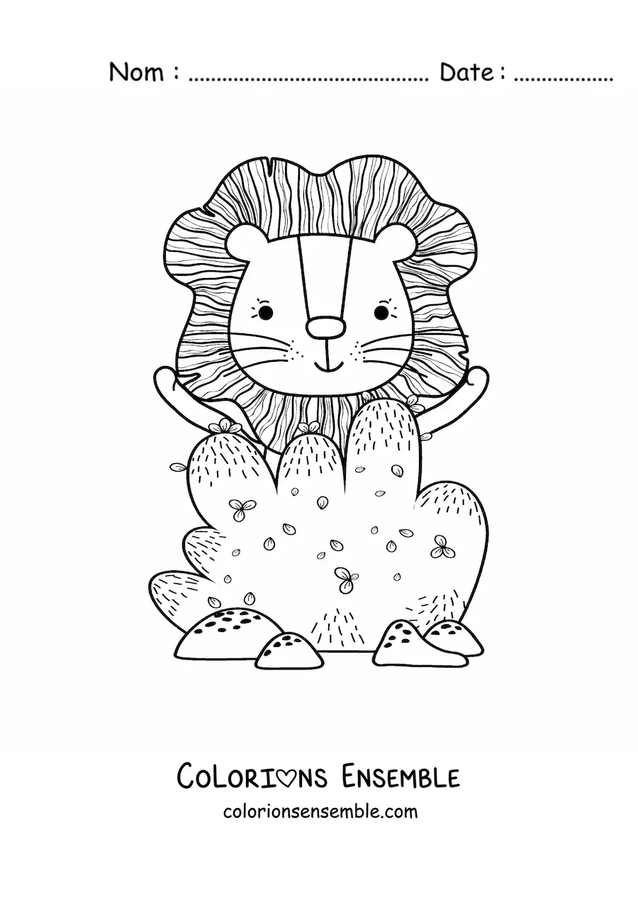 Coloriage d'un buisson et d'un petit lion