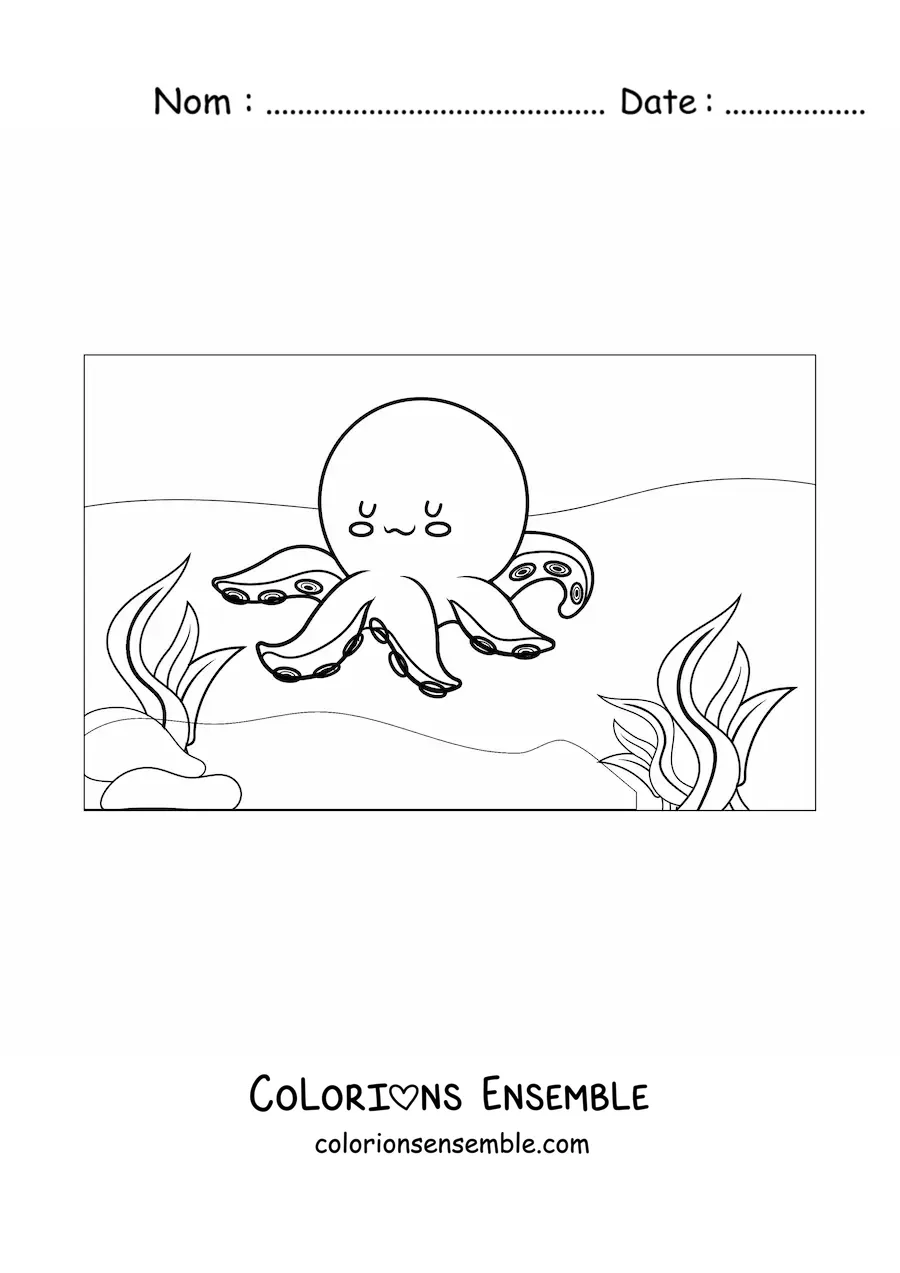 Coloriage d'une pieuvre kawaii avec des algues au fond de la mer