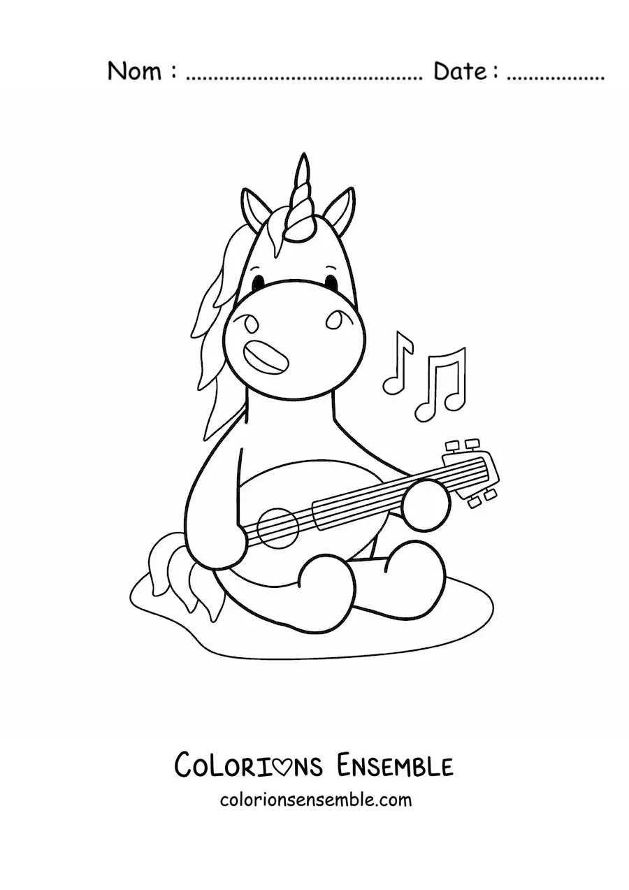 Coloriage d'une licorne kawaii qui joue du luth