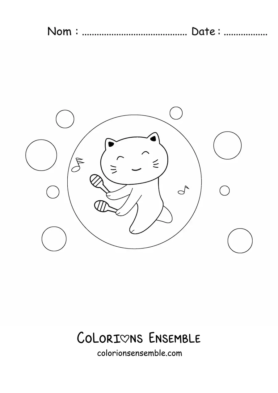 Coloriage d'un chat kawaii qui joue des maracas