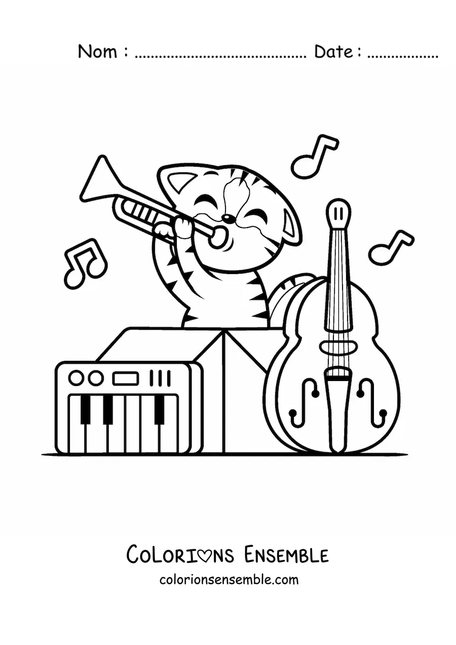 Coloriage d'un chat kawaii qui joue des instruments de musique