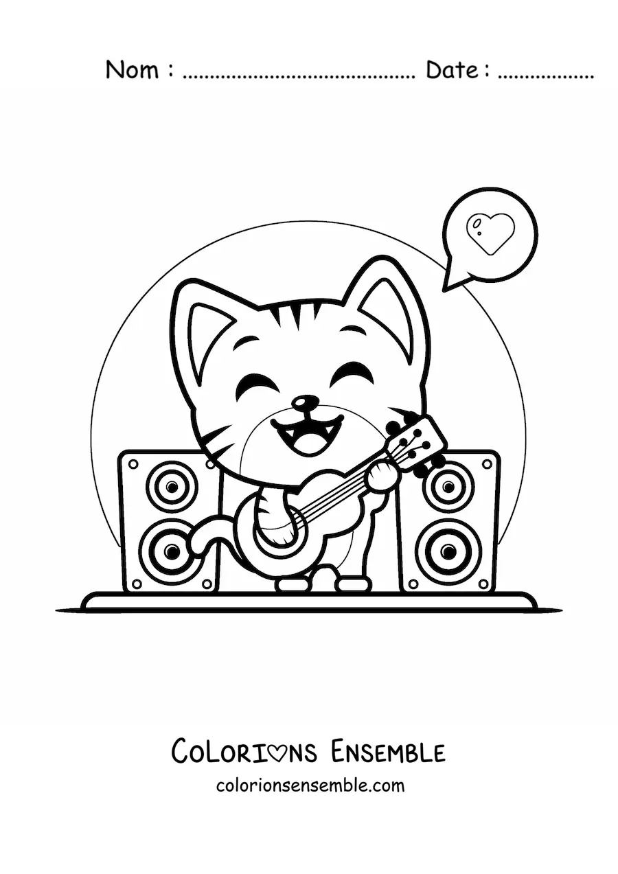 Coloriage d'un chat kawaii qui joue de la guitare en concert