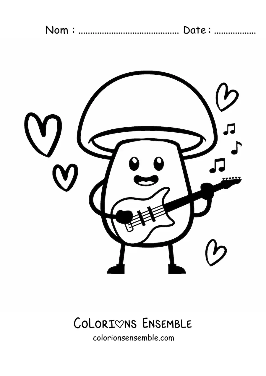 Coloriage d'un champignon kawaii qui joue de la guitare
