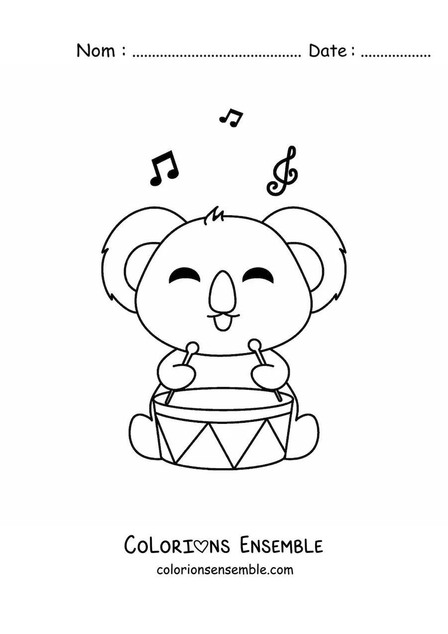 Coloriage d'un koala kawaii qui joue du tambour