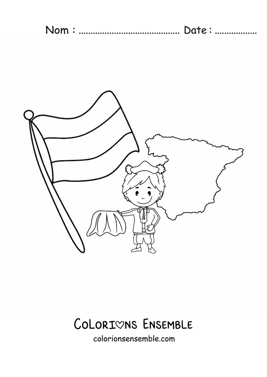 Coloriage du drapeau de l'Espagne sans blason avec un torero kawaii et une carte