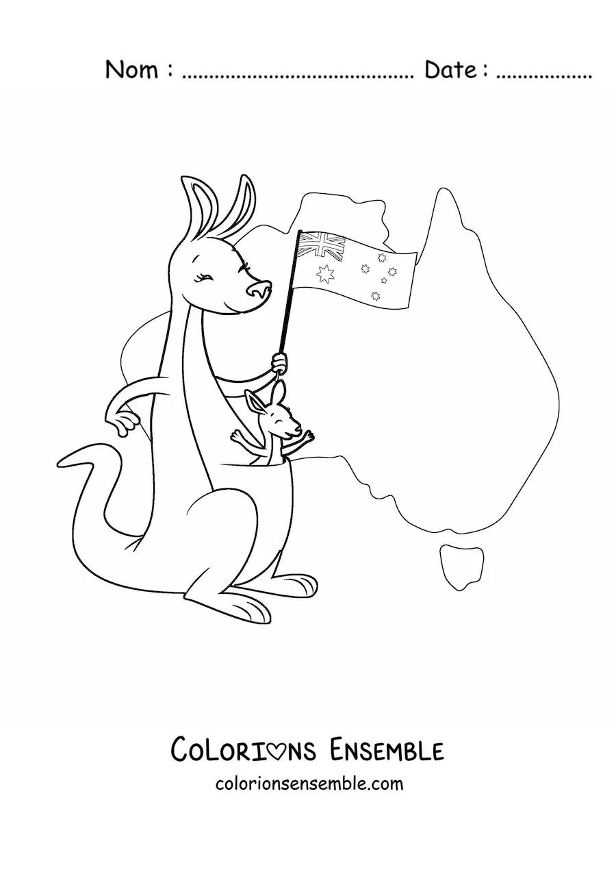 Coloriage de kangourous kawaii avec le drapeau de l'Australie et une carte