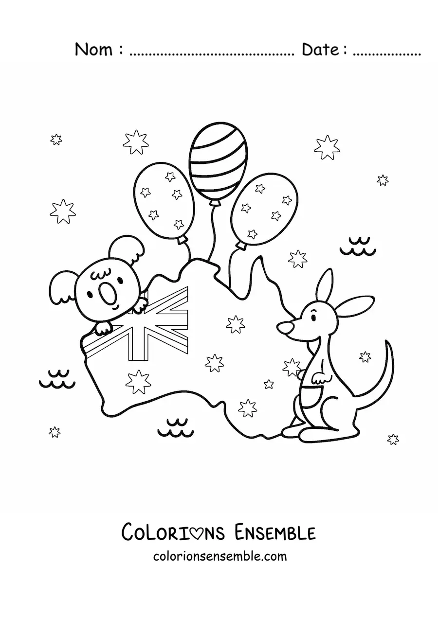 Coloriage du drapeau de l'Australie sur une carte avec un kangourou et un koala kawaii
