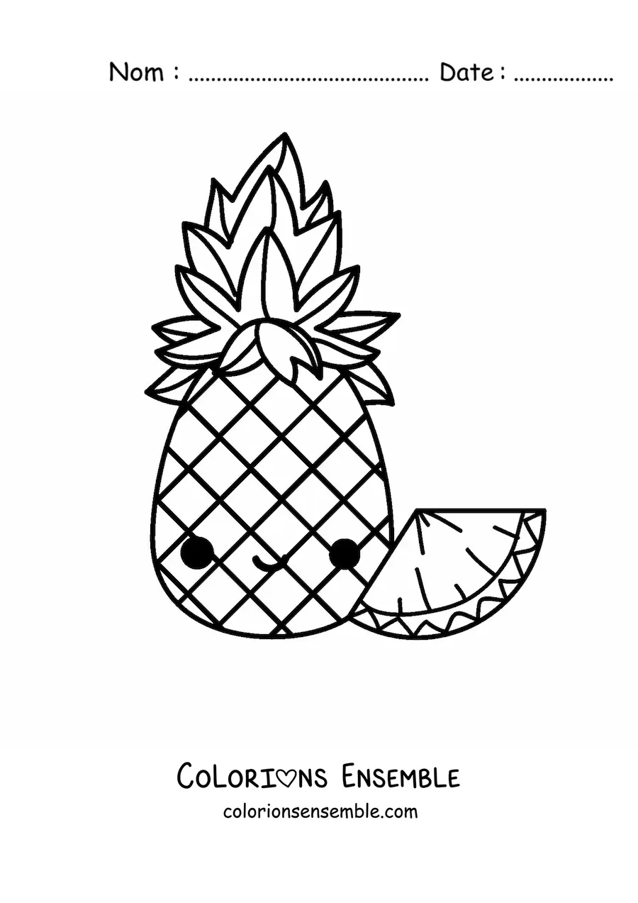 Image à colorier d'un ananas kawaii avec un morceau d'ananas