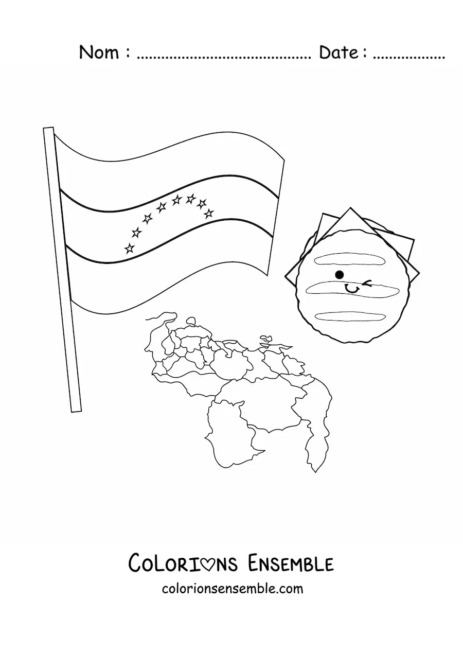 Coloriage d'une arepa avec le drapeau du Venezuela et une carte