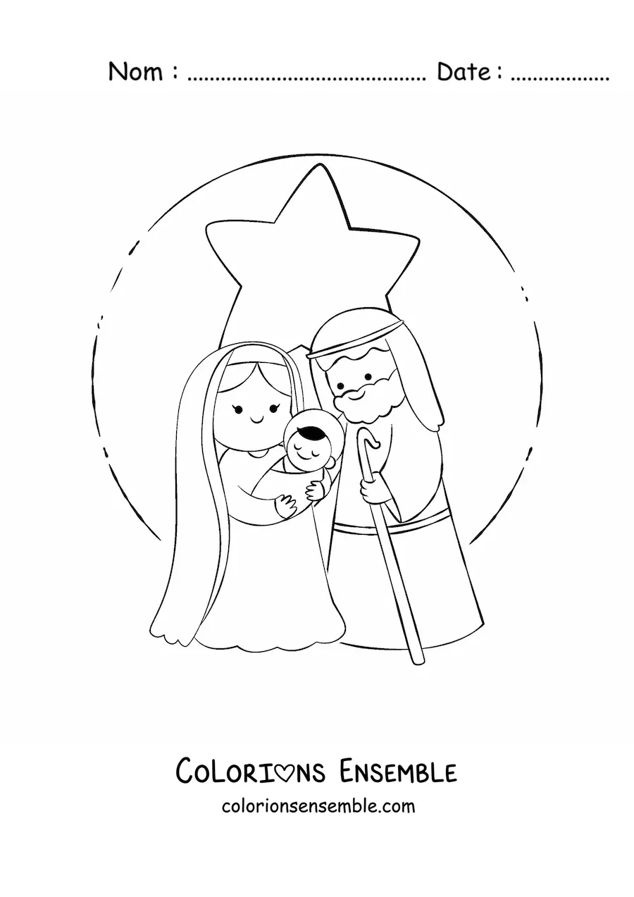 Coloriage d'une nativité de Noël kawaii